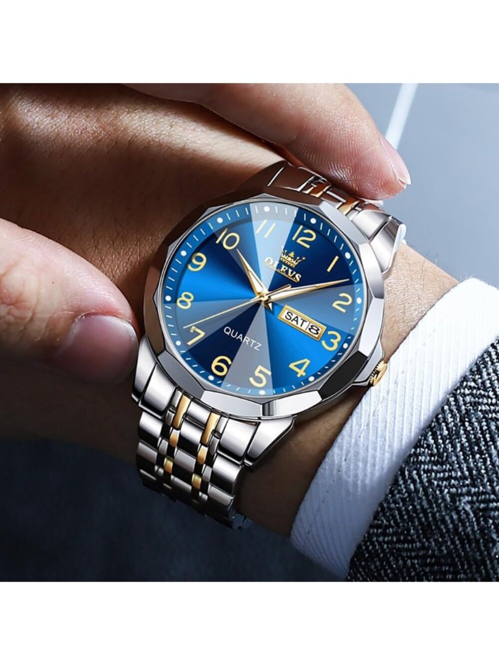Men's Silver Blue Analog Simple Business Stainless Waterproof Luminous Watch - Picture 2 of 6